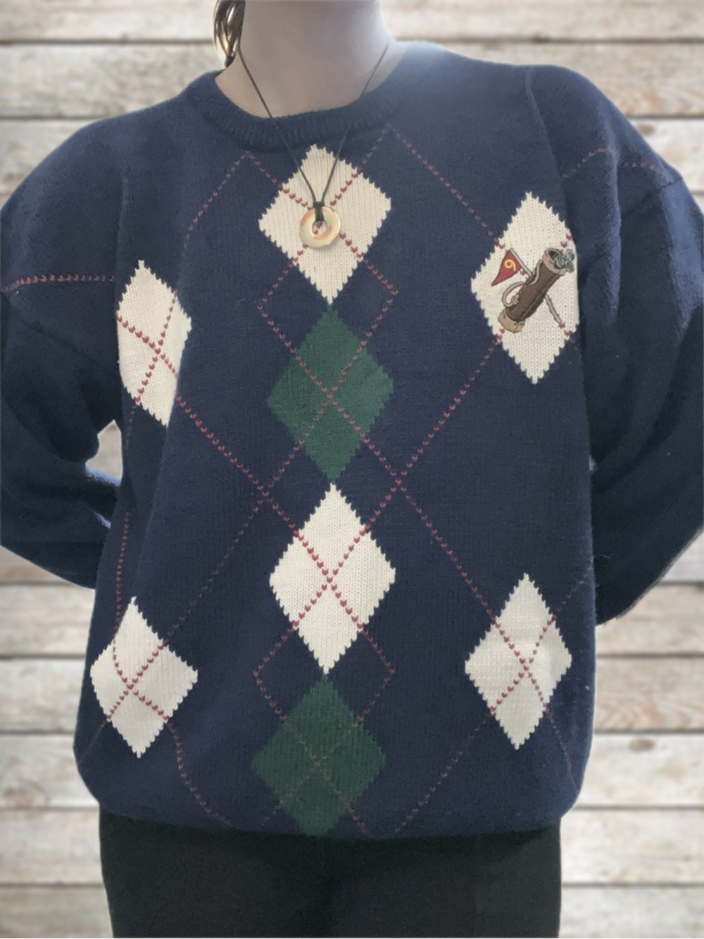 Vintage John Ashford Navy golf crewneck Sweater with Green and Cream Argyle